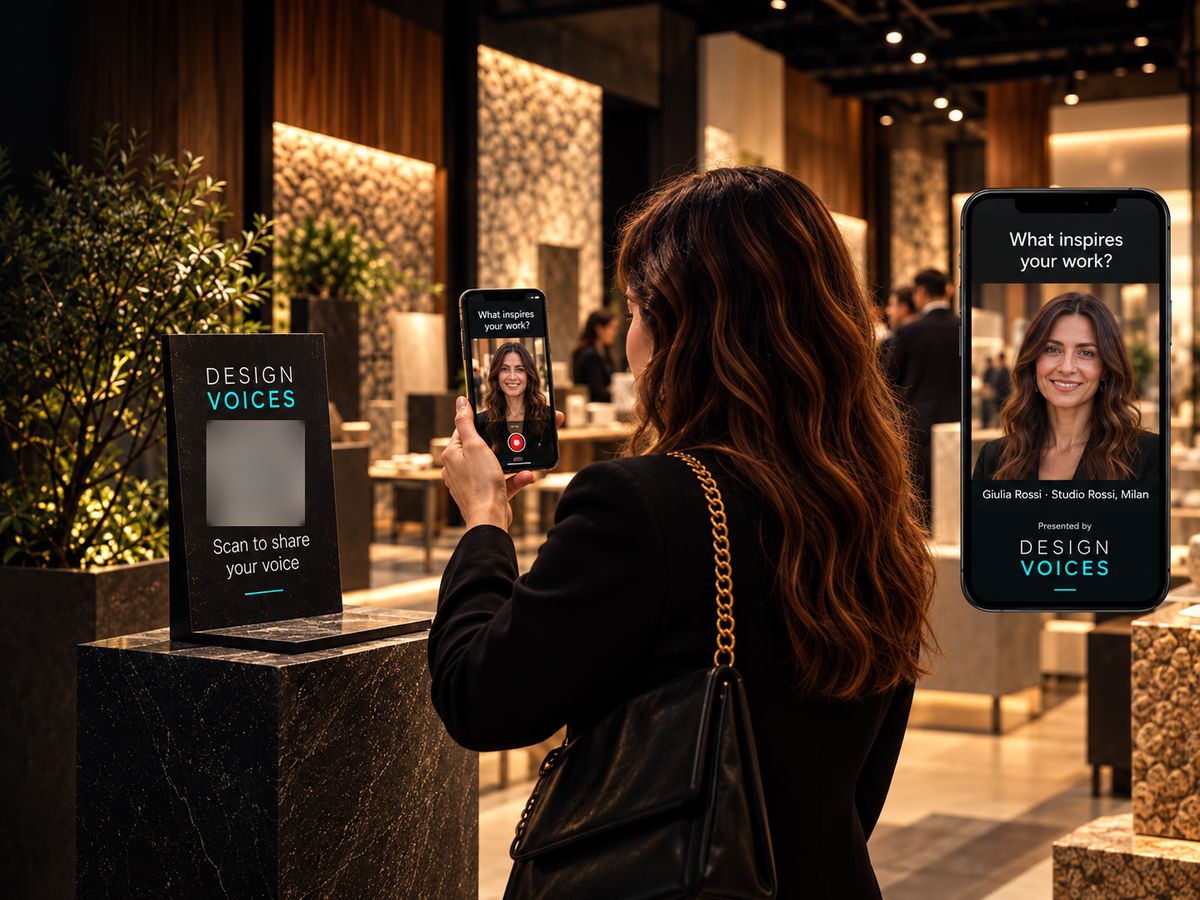 At a design showroom a visitor scans the Design Voices stand with her phone (1), records a short answer (2) and gets her branded video (3).